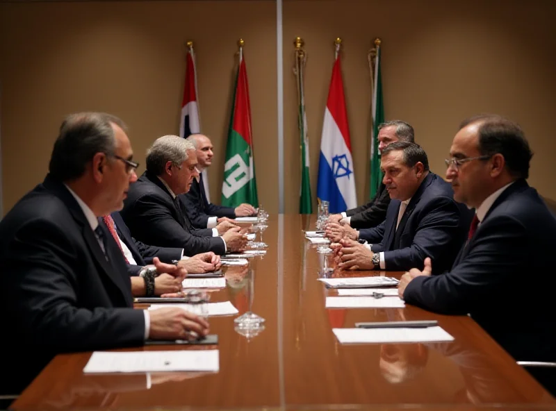 Negotiation table with representatives from Israel and Hamas, flags of both nations visible in the background.