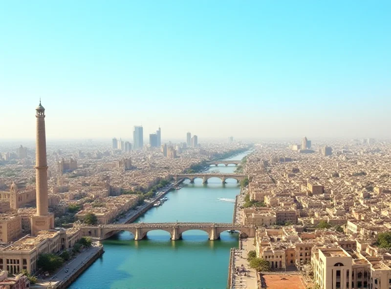 Panoramic view of Cairo, Egypt, with the Nile River flowing through the city, showcasing the location of the Gaza ceasefire negotiations.