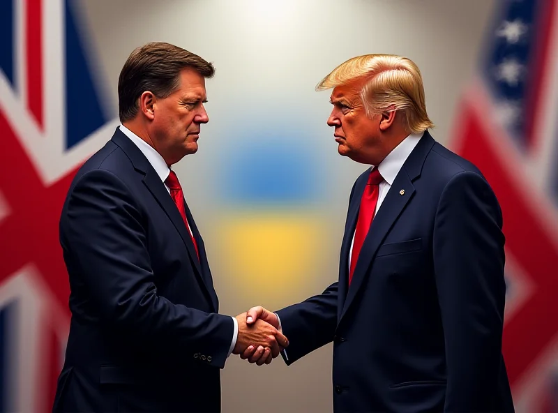 Illustration of Keir Starmer and Donald Trump shaking hands in front of the UK and US flags, with a subtle image of Ukraine in the background.