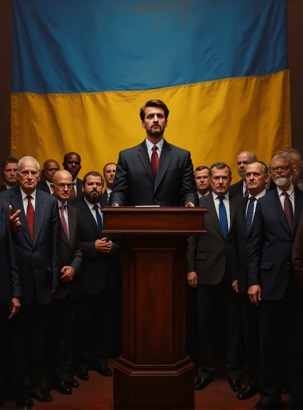 A digital painting of Keir Starmer standing at a podium addressing a group of European leaders, with the Ukrainian flag prominently displayed behind him.