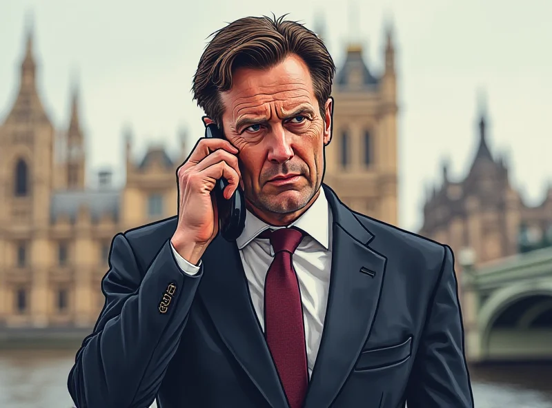 Illustration of Keir Starmer on the phone in front of the UK Parliament, looking concerned.