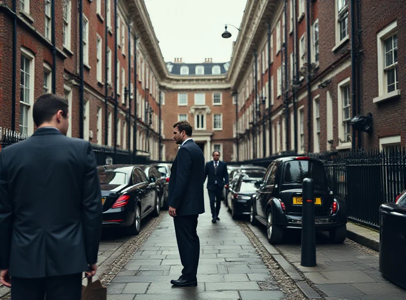 A busy street scene in Downing Street, London, with black cars and security personnel.