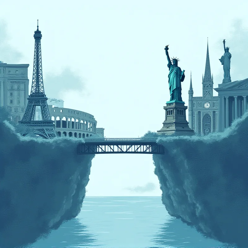A stylized image representing the divide between Europe and the United States, with a bridge connecting them
