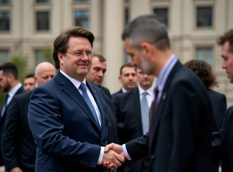Volodymyr Zelensky shaking hands with an official.
