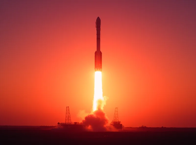 Starship rocket launching at sunset in Texas