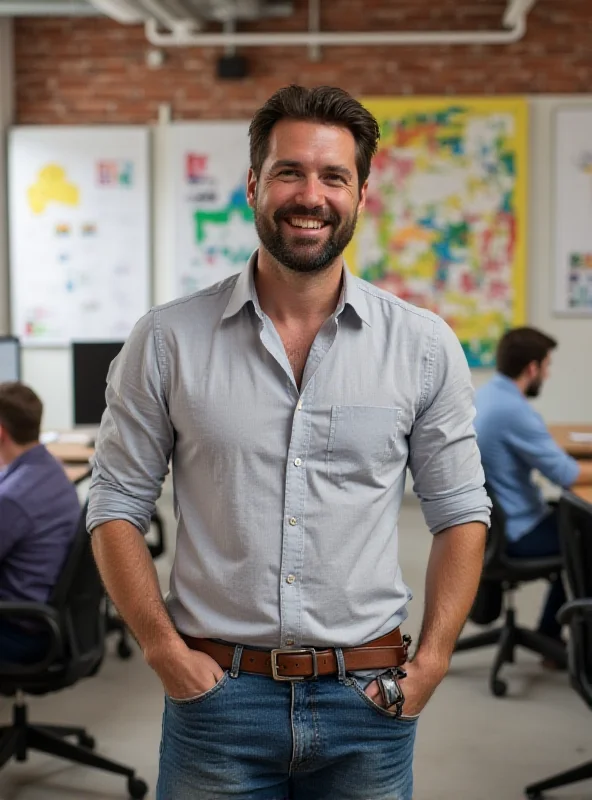Pablo Campos smiling in a modern office environment, surrounded by startup paraphernalia.