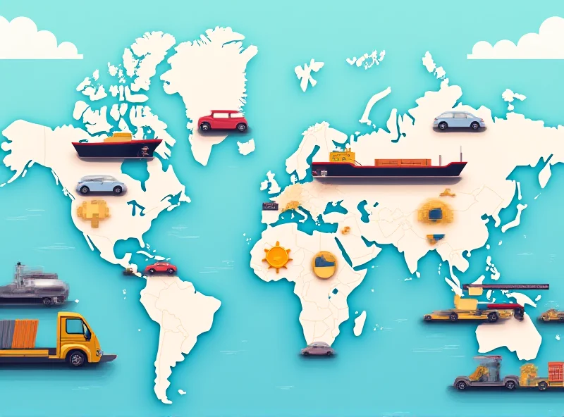 A stylized representation of a supply chain, with cars being transported across various locations.