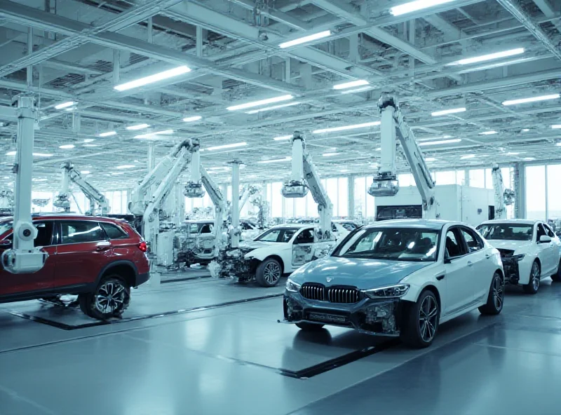 A modern car factory with robotic arms assembling vehicles on the production line.