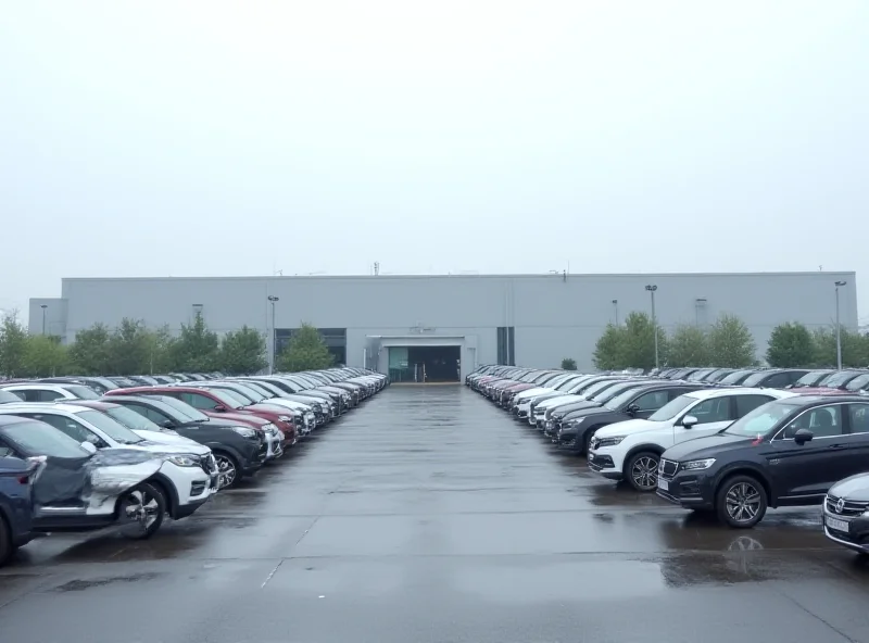 Exterior of a Stellantis factory with many finished cars lined up in the parking lot.