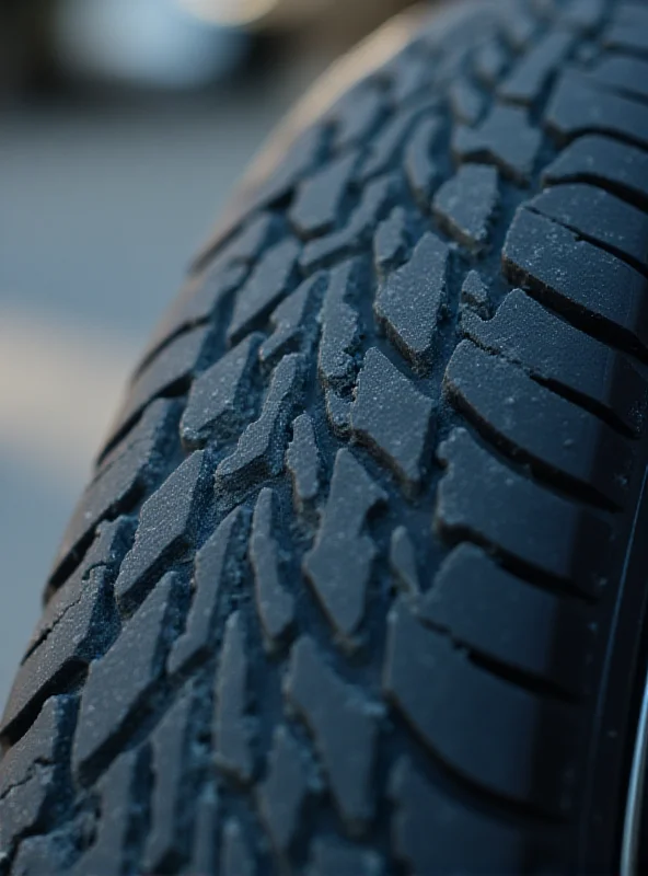 Close-up of a worn tire on a car, showing the tread and sidewall.