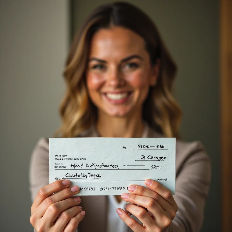 A smiling woman holding a dividend check, suggesting passive income from stock investments.