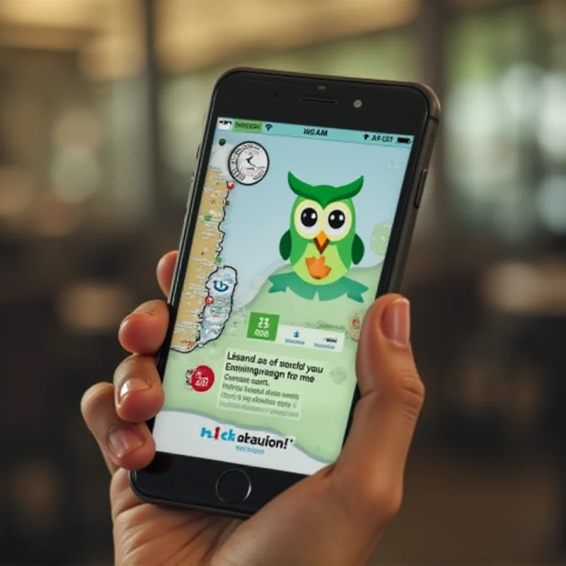 A person using the Duolingo app on their phone, with the app's green owl mascot prominently displayed
