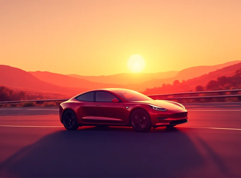 A stylized image of a Tesla car driving on a highway at sunset, symbolizing growth and innovation.