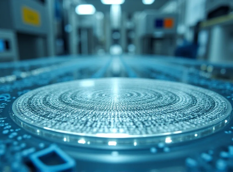 A close-up of a semiconductor wafer being processed in a cleanroom environment.