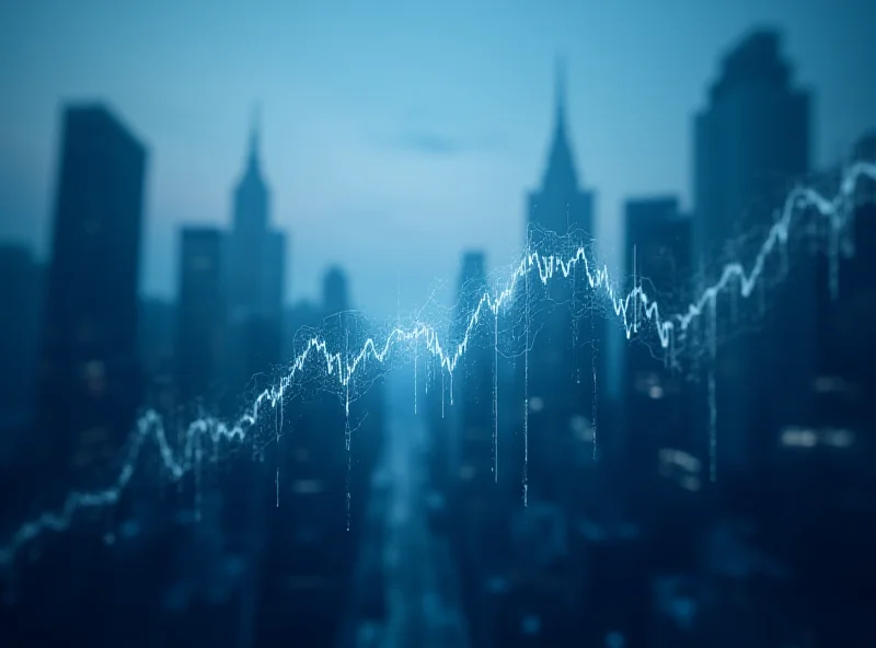 Abstract image representing the stock market, with rising and falling lines, and the silhouettes of buildings in the background.