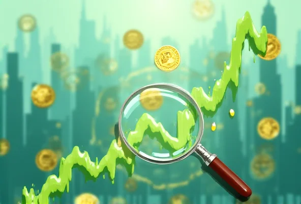 A stylized image of a bull market chart with coins and a magnifying glass, representing investment research and stock market gains.