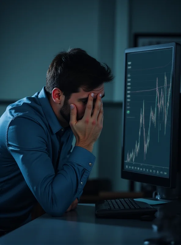 A sad looking businessman holding his head while looking at a stock chart plummeting downwards on a computer screen.
