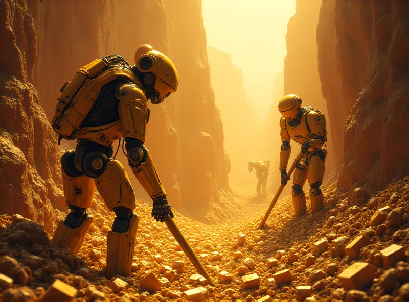 Illustration of a gold mine with AI robots digging for gold.