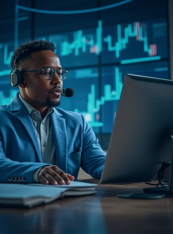 A person listening intently to a conference call with financial charts in the background.