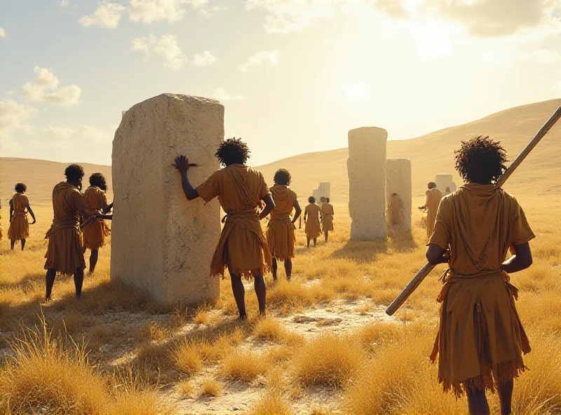 Illustration of dark-skinned people constructing Stonehenge