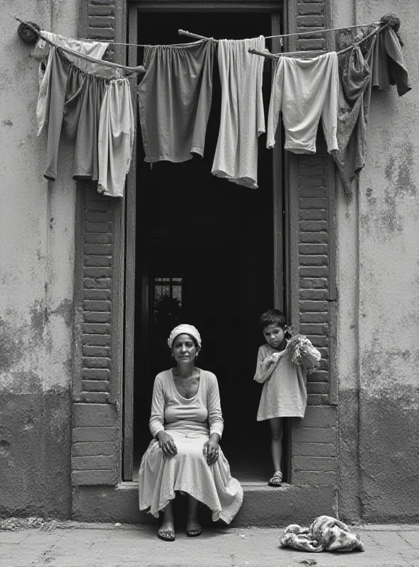 A black and white photograph depicts a Cuban woman sitting on a doorstep, surrounded by children playing. Laundry hangs above, creating a sense of everyday life and domesticity in a public space.