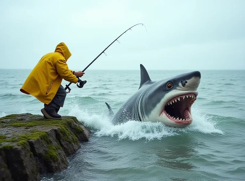 A fisherman slipping on a rock with a shark nearby