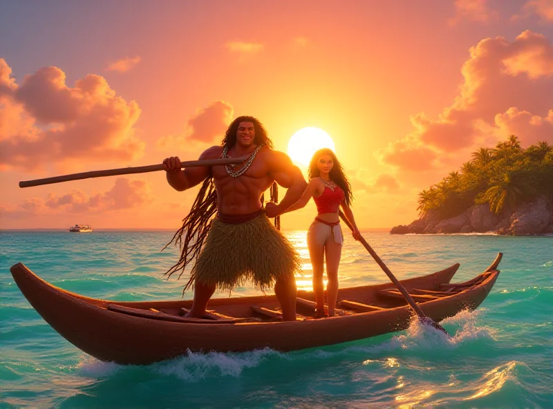 Moana and Maui sailing on a boat at sunset.