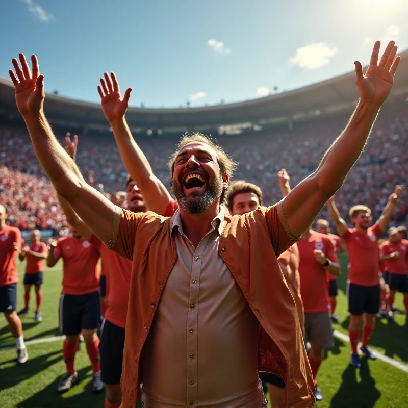 The Ted Lasso cast celebrating a victory on the field.