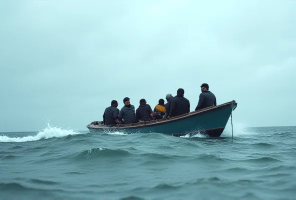 A small boat approaching the shore, filled with people. The sky is overcast, and the sea is choppy.