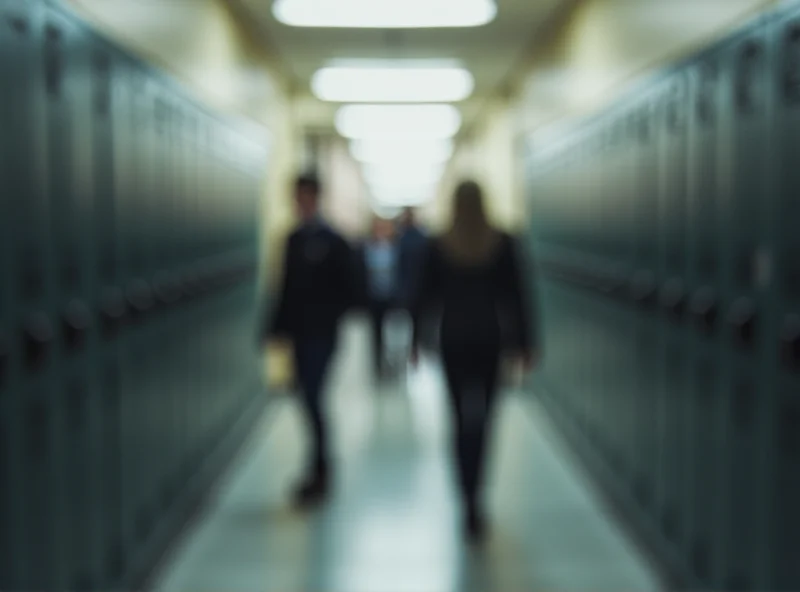 Image of a concerned high school student sitting alone, looking worried and stressed, with a blurred background representing a school hallway.