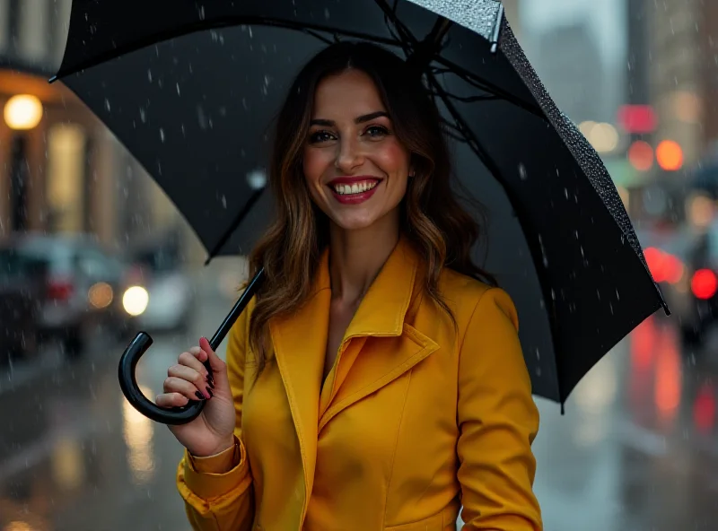 Woman in yellow raincoat walking in the rain