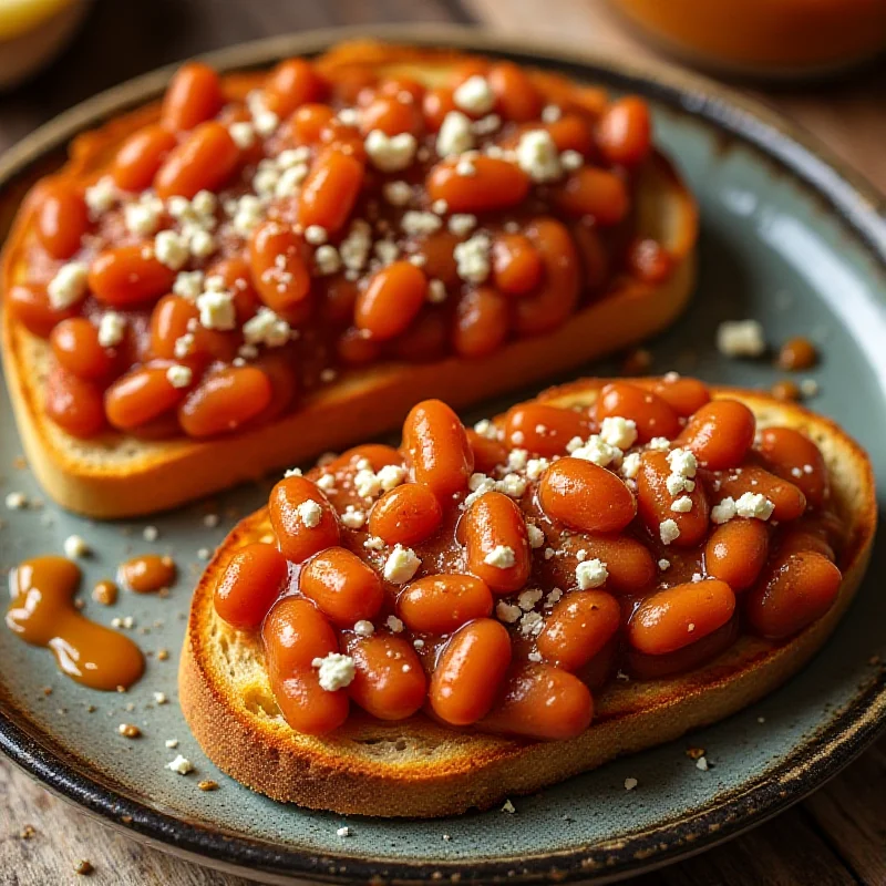 Overhead shot of jazzed-up baked beans on toast with feta and spices