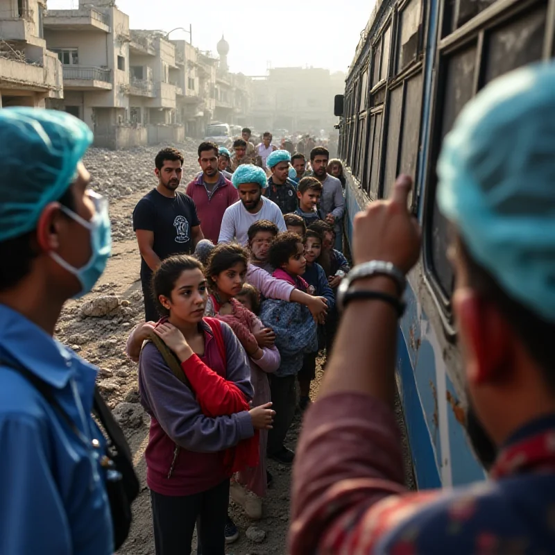 A group of children being helped onto a bus, with medical personnel assisting.