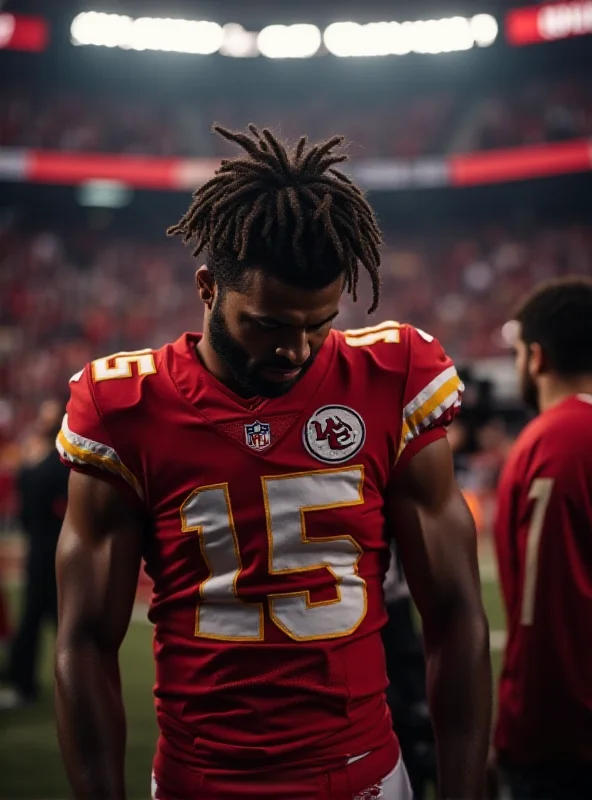 Travis Kelce looking dejected on the sidelines, Kansas City Chiefs uniform, Super Bowl setting