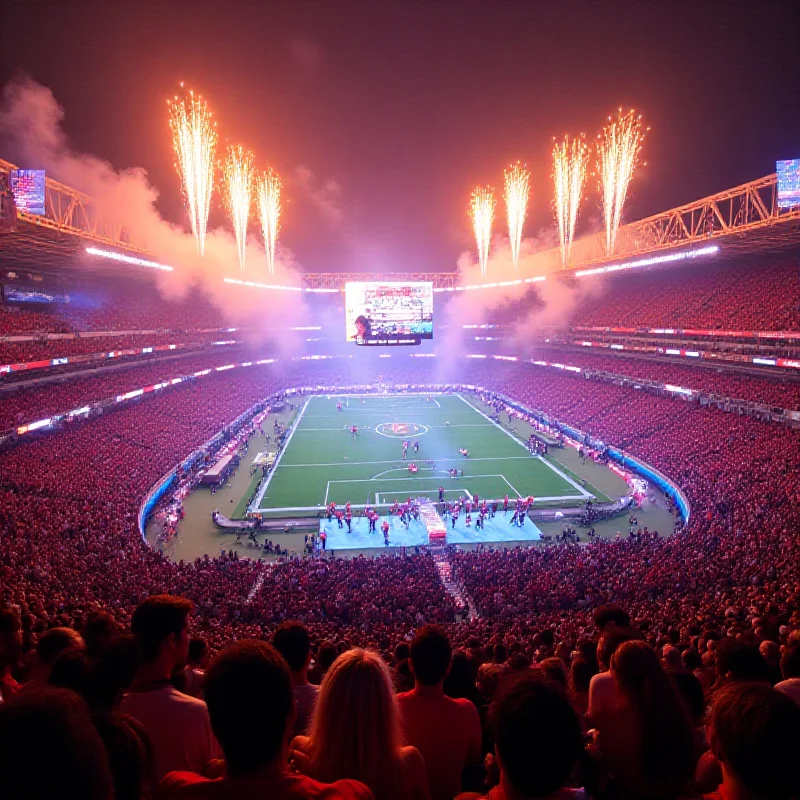 Conceptual image of a Super Bowl style halftime show during a World Cup final. Fireworks, performers and a packed stadium.