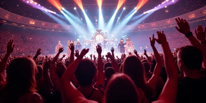Crowd celebrating during a Super Bowl halftime show, vibrant colors, energetic atmosphere.