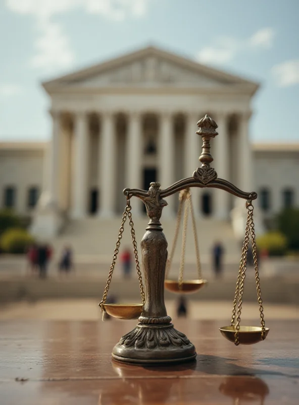 Scales of Justice in front of the Supreme Court building, with a blurred background of a USAID project in a developing country.