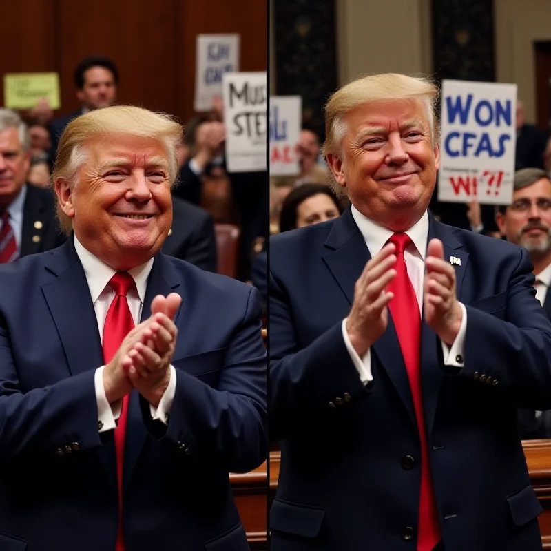 Split screen image: On one side, Republicans are applauding enthusiastically. On the other side, Democrats are holding up protest signs.