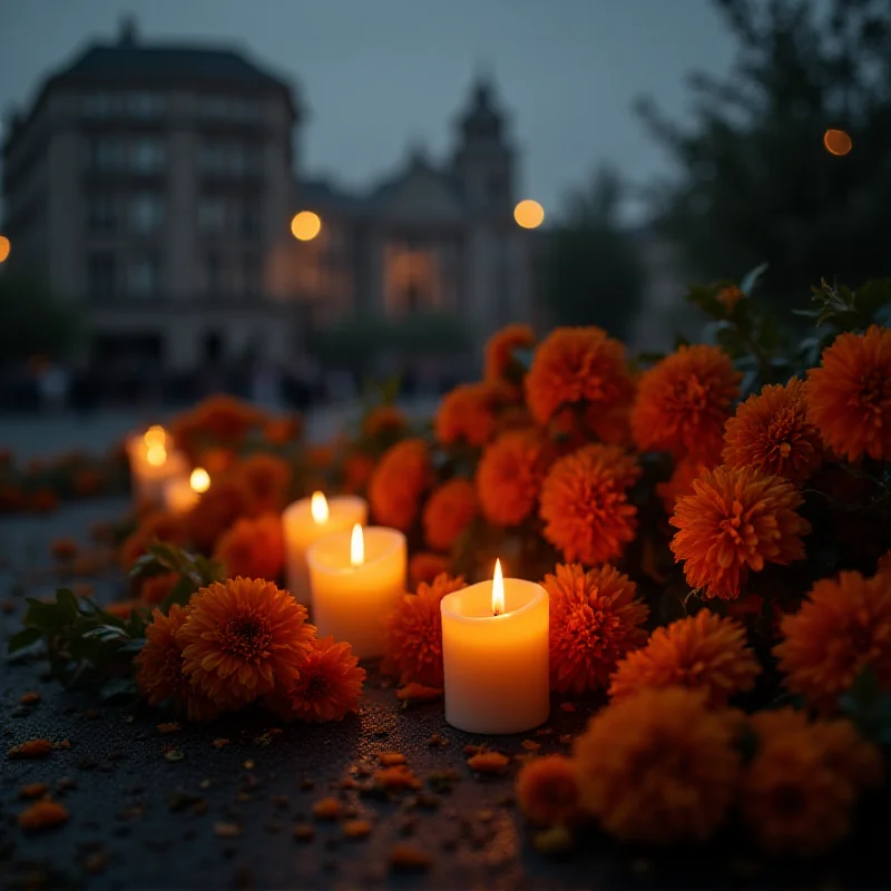 A somber image depicting a memorial with candles and flowers, representing the nine murdered Mexican students, with a blurred background showing a cityscape of Puebla.