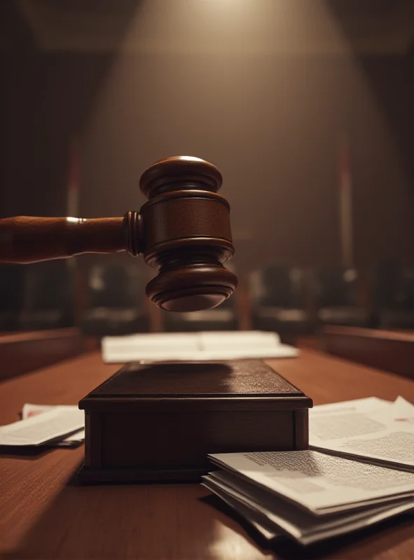 Illustration of a gavel hitting a sounding block in a courtroom setting.
