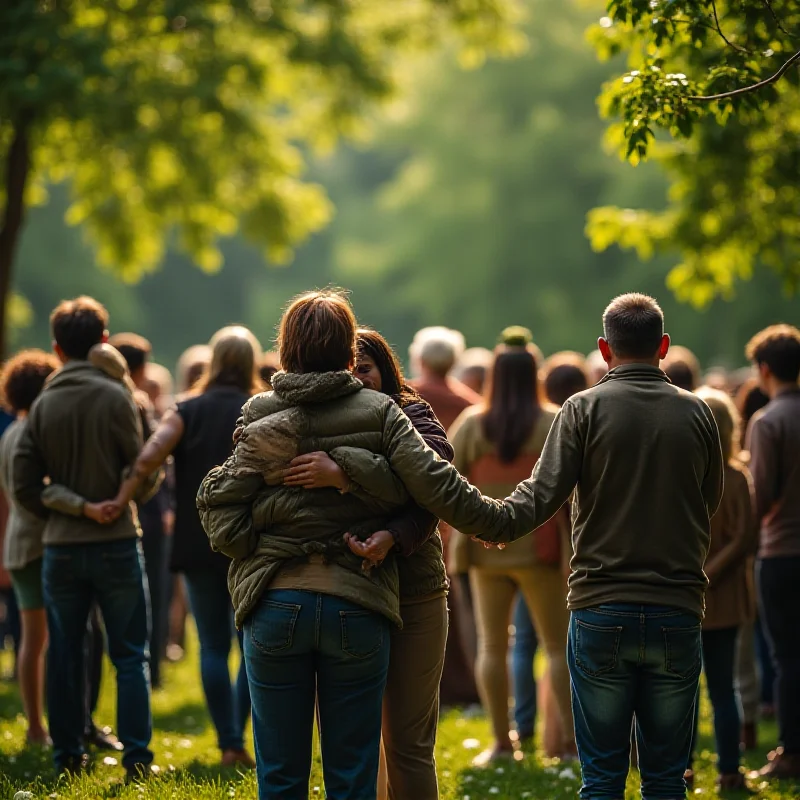 A diverse group of people standing together in a park, offering support and comfort to each other. The atmosphere is somber yet hopeful, with people holding hands and embracing.