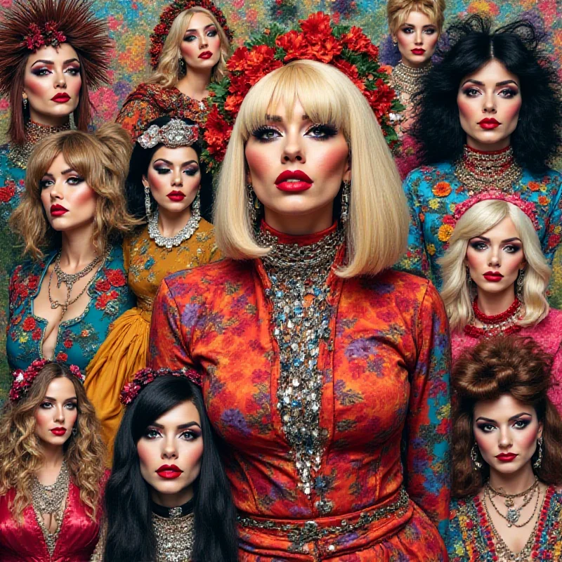 Collage of Lady Gaga in various artistic and eccentric outfits.