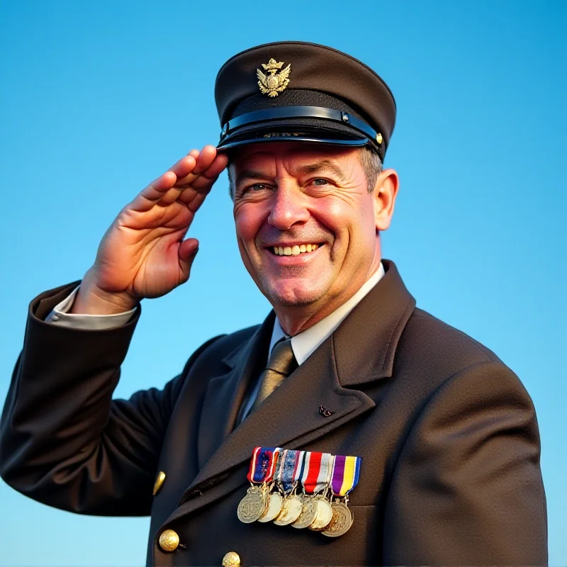 Captain Sir Tom Moore saluting with a smile on his face.