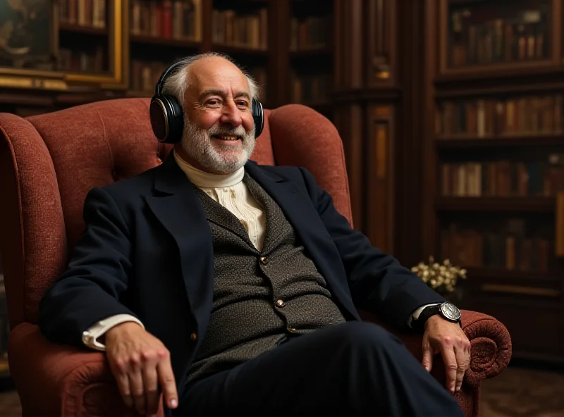 King Charles III listening to music with headphones on, smiling gently.