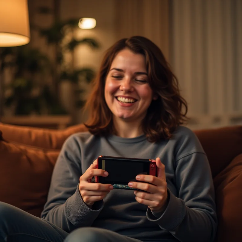 A person happily playing the Nintendo Switch