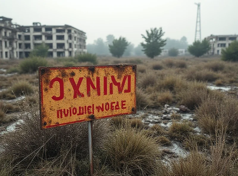 A warning sign indicating the presence of landmines, placed in a desolate, war-torn landscape.