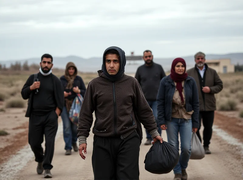 A group of Syrian refugees walking towards a border crossing, symbolizing their return to their homeland.