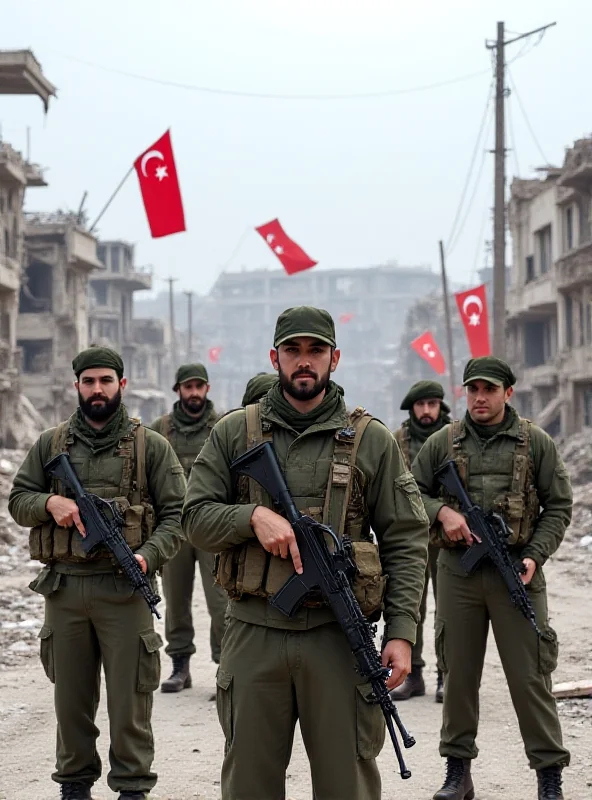 A group of Kurdish fighters standing guard in a war-torn Syrian city, with Turkish flags visible in the distance, symbolizing the ongoing conflict between Kurds and Turkish-backed forces.