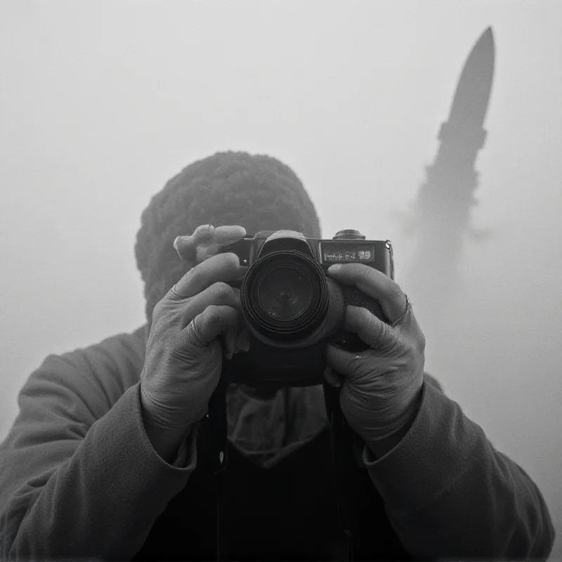 A black and white photo of a Syrian photojournalist holding a camera, looking towards the sky, with the faint outline of a missile in the background, symbolizing the dangers faced by journalists in conflict zones.