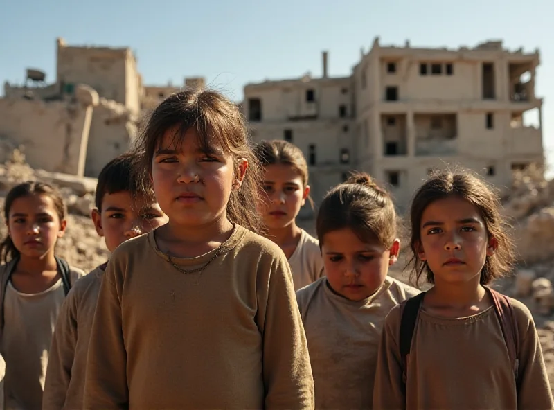 A group of Syrian children standing in front of a bombed-out building, looking towards the camera with hopeful expressions, symbolizing the resilience and hope for the future of Syria's youth.